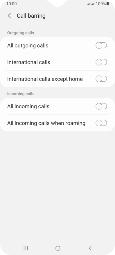Press the indicator next to the required barring type to turn the function on or off.