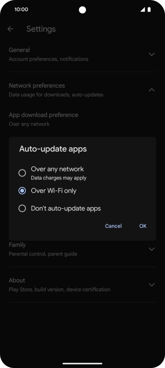 To turn on automatic update of apps using mobile network, press Over any network.