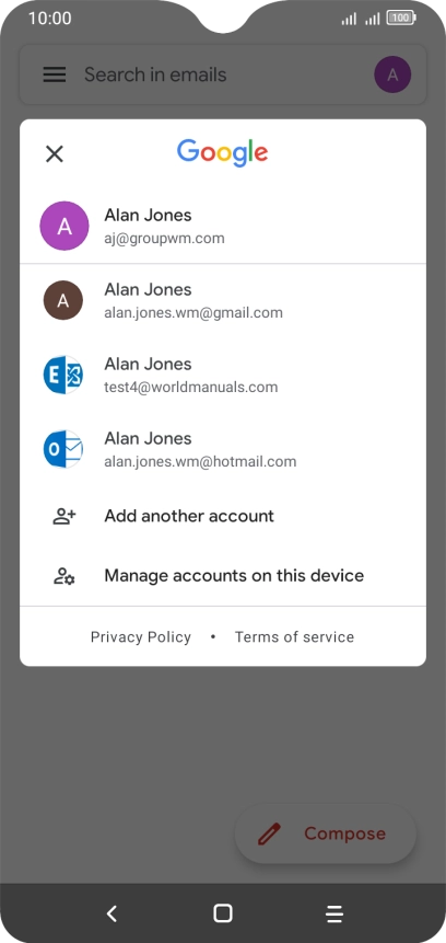 Press the required email account. Press the required email account.