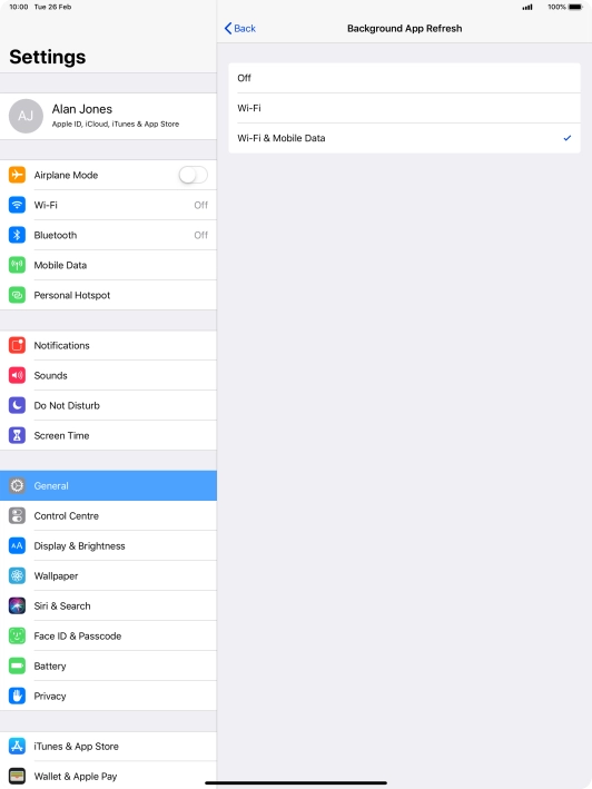 To turn off background refresh of apps, press Off.