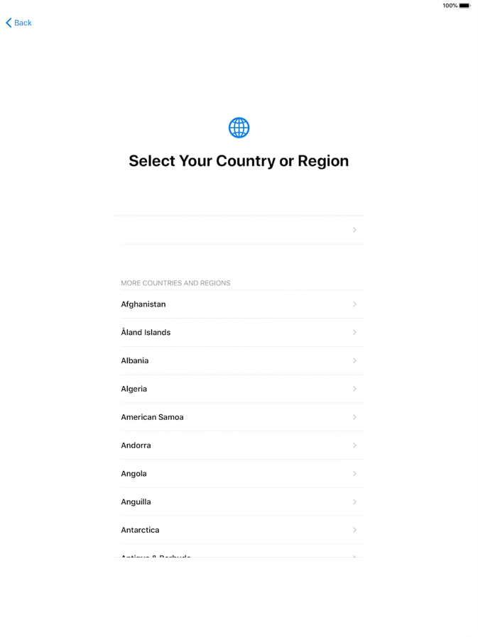 Press the required country or area. Press the required country or area.