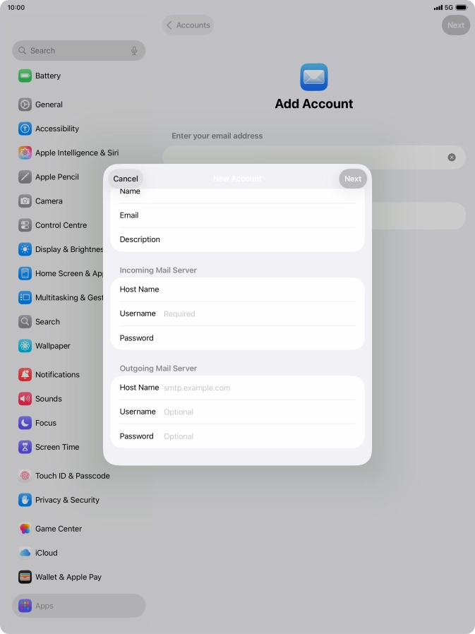 Press Username and key in the username for your email account.