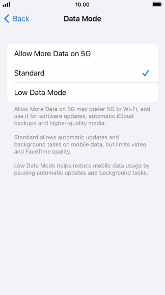 Press the required setting.