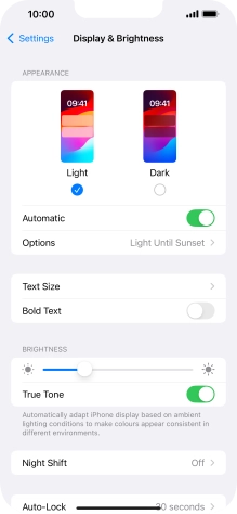 If you turn on the function, press Options and follow the instructions on the screen to select the required period of time for Dark Mode.
