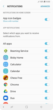 Press the indicator next to the required app to turn the function on or off. Press the indicator next to the required app to turn the function on or off.