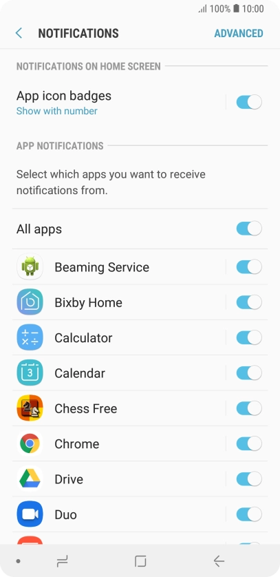 Press the indicator next to the required app to turn the function on or off. Press the indicator next to the required app to turn the function on or off.