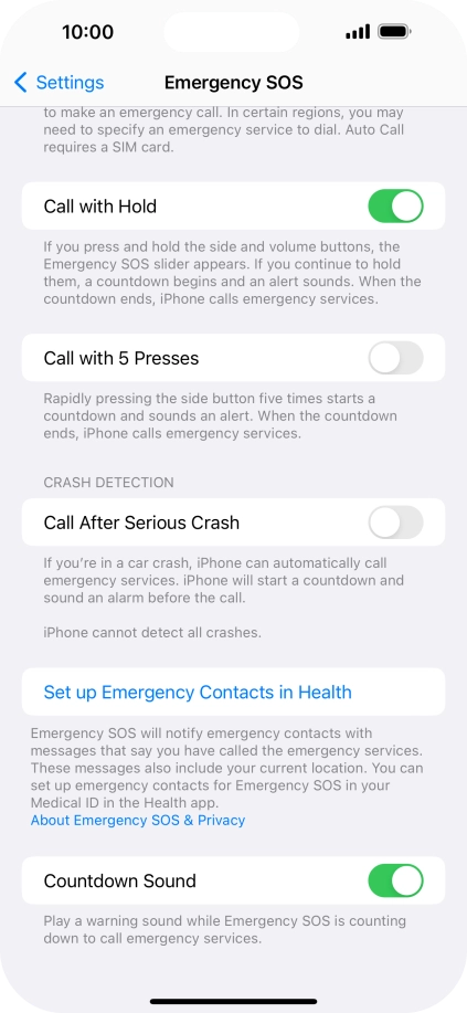 Press Set up Emergency Contacts in Health and follow the instructions on the screen to key in your emergency info and emergency contacts. Press Set up Emergency Contacts in Health and follow the instructions on the screen to key in your emergency info and emergency contacts.