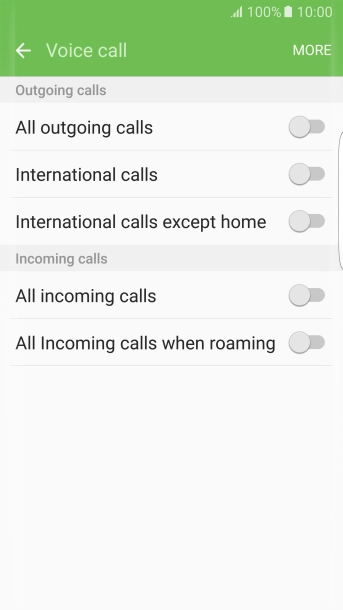 Press the indicator next to the required barring type to turn the function on or off.