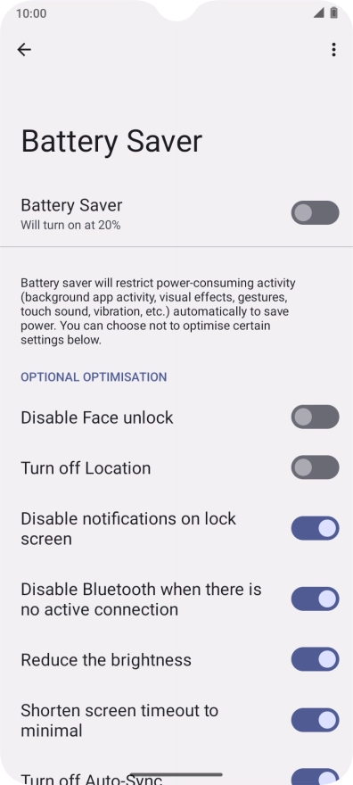 Press the indicators next to the required settings to turn them on or off.