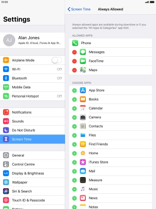 Press the add icon next to the required app to add it to the list of allowed apps during Downtime.