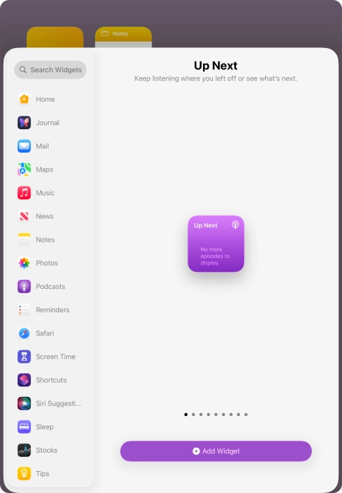 Slide your finger right or left on the screen to select the required widget size.