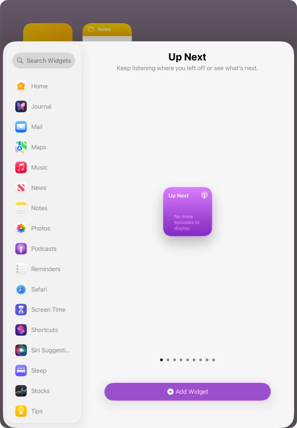 Slide your finger right or left on the screen to select the required widget size.