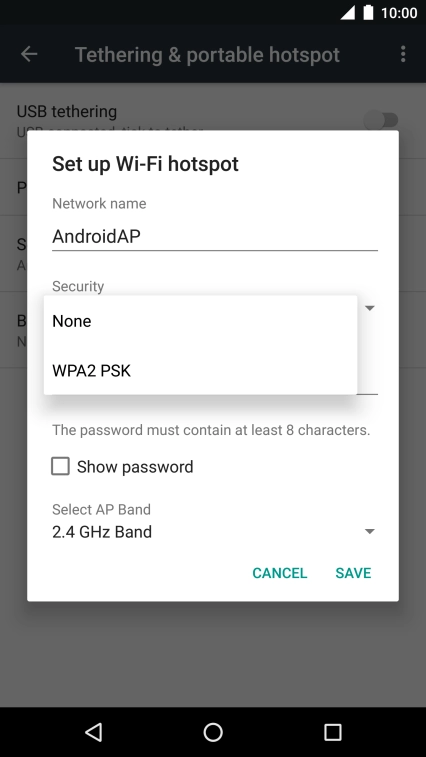 Press WPA2 PSK to password protect your Wi-Fi hotspot. Press WPA2 PSK to password protect your Wi-Fi hotspot.