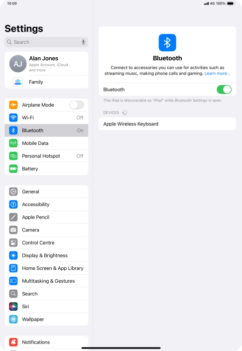 Press the required Bluetooth device and follow the instructions on the screen to pair the device with your tablet. Press the required Bluetooth device and follow the instructions on the screen to pair the device with your tablet.