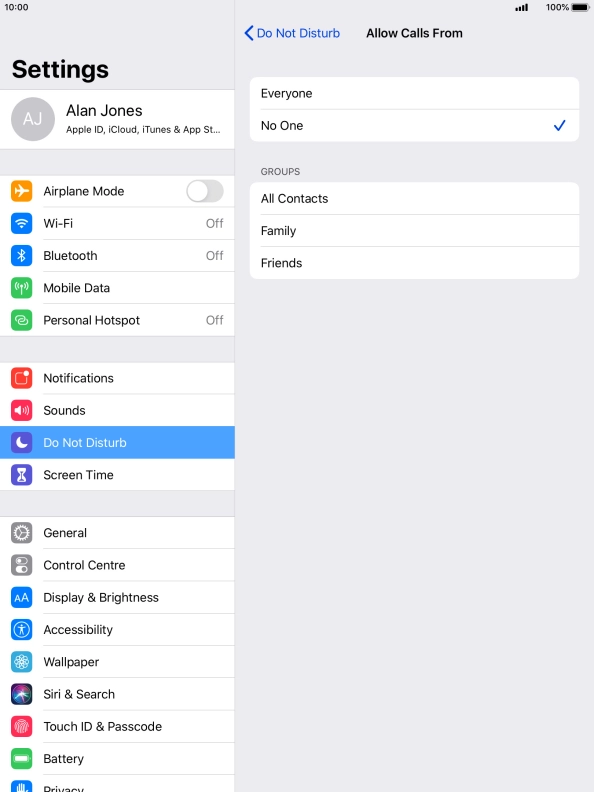 Press the required setting to select which contacts can call you even though Do Not Disturb is turned on. Press the required setting to select which contacts can call you even though Do Not Disturb is turned on.