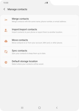 Press Import/export contacts. Press Import/export contacts.