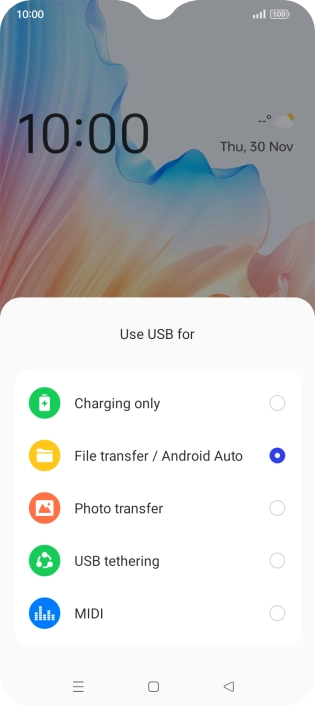 Press File transfer / Android Auto. Press File transfer / Android Auto.