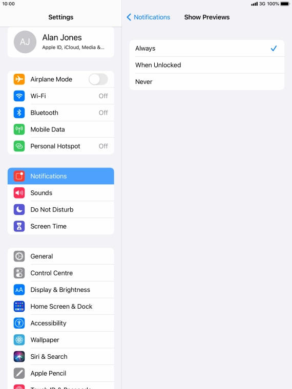 To select notification preview on the lock screen, press Always.