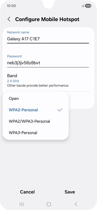 Press WPA3-Personal to password protect your Wi-Fi hotspot.