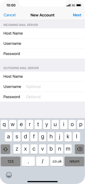 Press Username and key in the username for your email account. Please note that if you're using Vodafone's outgoing server, leave the username field empty. Press Username and key in the username for your email account. Please note that if you're using Vodafone's outgoing server, leave the username field empty.