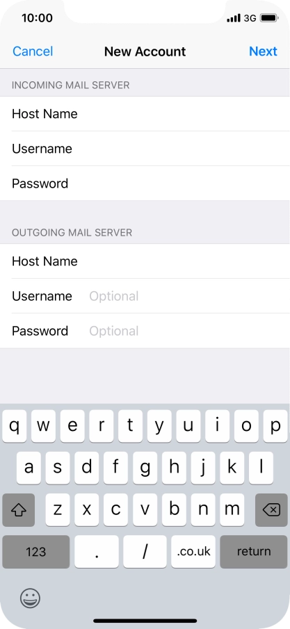 Press Username and key in the username for your email account. Please note that if you're using Vodafone's outgoing server, leave the username field empty. Press Username and key in the username for your email account. Please note that if you're using Vodafone's outgoing server, leave the username field empty.