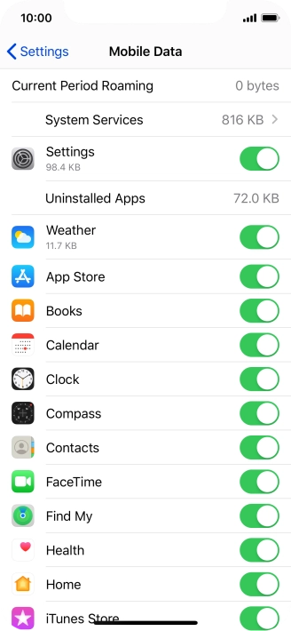 The data usage for each application is displayed below the name of the application.