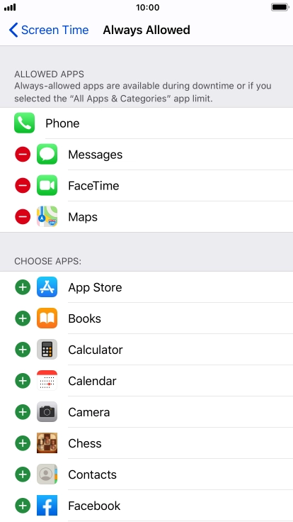 Press the add icon next to the required app to add it to the list of allowed apps during Downtime. Press the add icon next to the required app to add it to the list of allowed apps during Downtime.