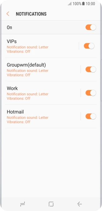 Press the indicator next to the required email account to turn the function on or off. Press the indicator next to the required email account to turn the function on or off.