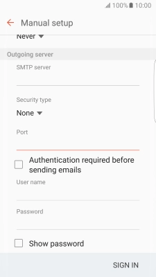 Press Authentication required before sending emails to turn the function on or off. Please note that if you're using Vodafone's outgoing server, turn off SMTP authentication and leave the username and password fields empty.