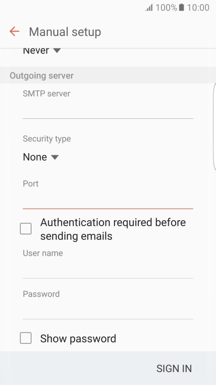Press Authentication required before sending emails to turn the function on or off. Please note that if you're using Vodafone's outgoing server, turn off SMTP authentication and leave the username and password fields empty.