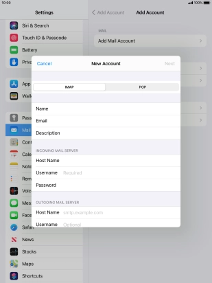Press Username and key in the username for your email account.