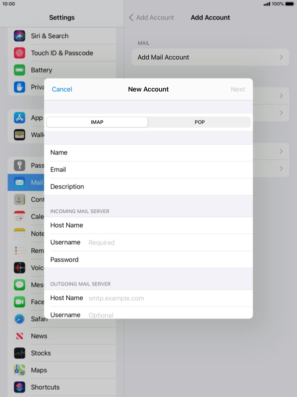 Press Username and key in the username for your email account.