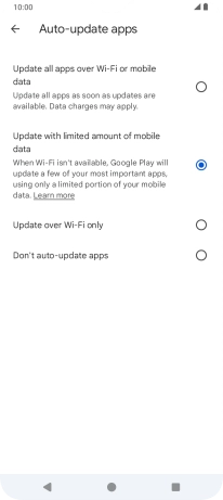 To turn on automatic update of apps using mobile network, press Update all apps over Wi-Fi or mobile data. To turn on automatic update of apps using mobile network, press Update all apps over Wi-Fi or mobile data.