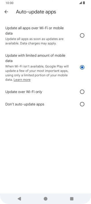 To turn on automatic update of apps using mobile network, press Update all apps over Wi-Fi or mobile data. To turn on automatic update of apps using mobile network, press Update all apps over Wi-Fi or mobile data.