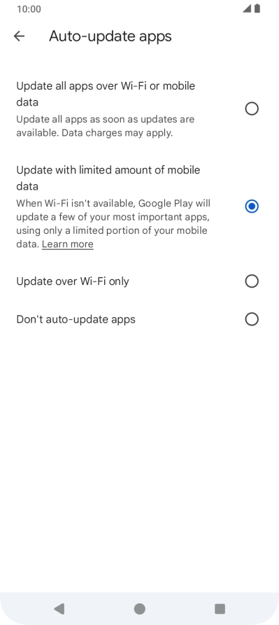 To turn on automatic update of apps using mobile network, press Update all apps over Wi-Fi or mobile data. To turn on automatic update of apps using mobile network, press Update all apps over Wi-Fi or mobile data.
