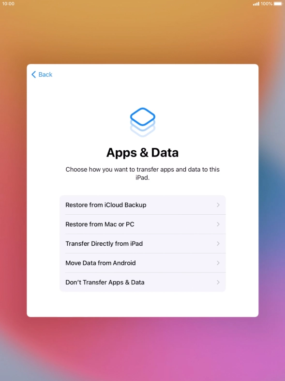 You can restore content from an iCloud backup when your tablet is activated for the first time and after a factory reset. When this screen is displayed, your tablet is ready to restore content from an iCloud backup.