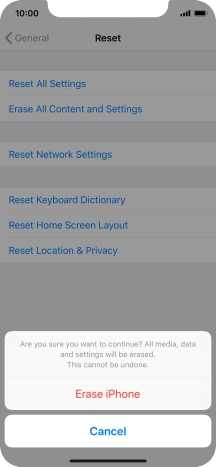 Press Erase iPhone. Wait a moment while the factory default settings are restored. Follow the instructions on the screen to set up your phone and prepare it for use. Press Erase iPhone. Wait a moment while the factory default settings are restored. Follow the instructions on the screen to set up your phone and prepare it for use.