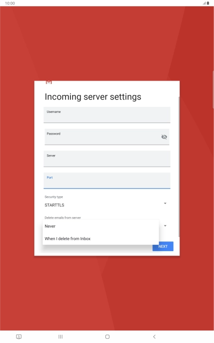 Press Never to keep email messages on the server when you delete them on your tablet. Press Never to keep email messages on the server when you delete them on your tablet.