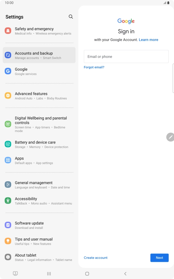 If you don't have a Google account, press Create account and follow the instructions on the screen to create an account. If you don't have a Google account, press Create account and follow the instructions on the screen to create an account.
