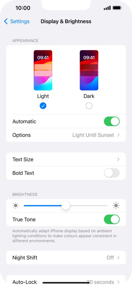 If you turn on the function, press Options and follow the instructions on the screen to select the required period of time for Dark Mode.