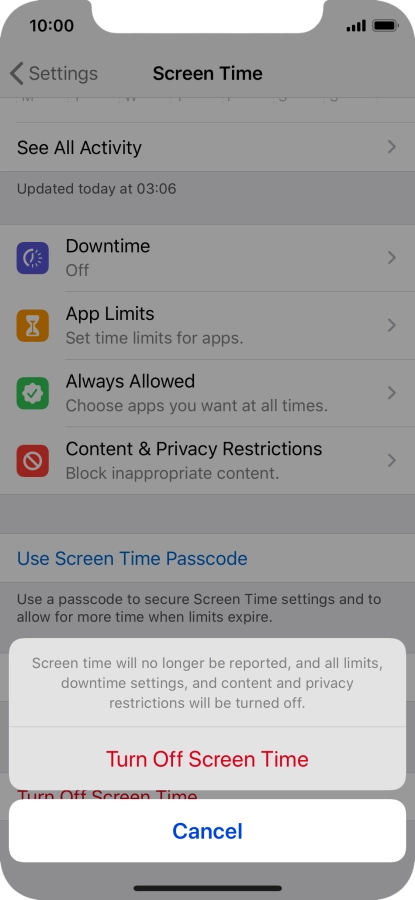 Press Turn Off Screen Time.