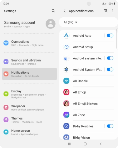 Press the indicators next to the required apps to turn the function on or off.