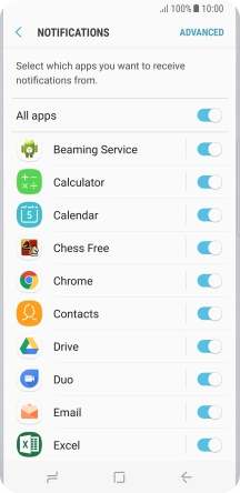Press the indicator next to the required app to turn the function on or off. Press the indicator next to the required app to turn the function on or off.