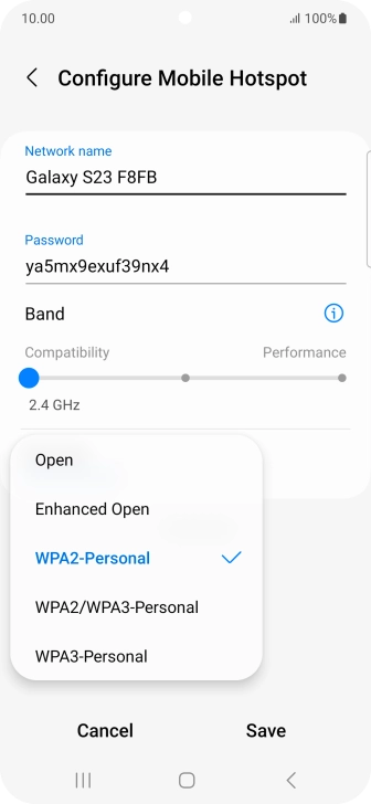 Press WPA3-Personal to password protect your Wi-Fi hotspot.
