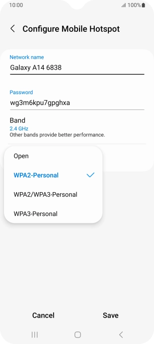 Press WPA3-Personal to password protect your Wi-Fi hotspot. Press WPA3-Personal to password protect your Wi-Fi hotspot.