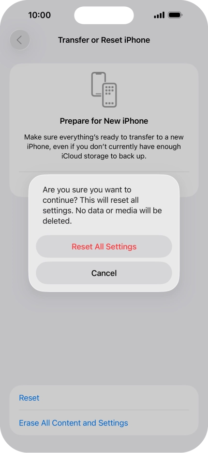 Press Reset All Settings. Wait a moment while the factory default settings are restored. Follow the instructions on the screen to set up your phone and prepare it for use. Press Reset All Settings. Wait a moment while the factory default settings are restored. Follow the instructions on the screen to set up your phone and prepare it for use.