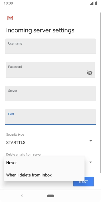 Press Never to keep email messages on the server when you delete them on your phone.