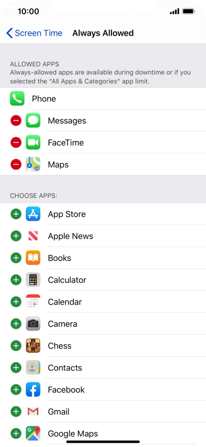 Press the add icon next to the required app to add it to the list of allowed apps during Downtime. Press the add icon next to the required app to add it to the list of allowed apps during Downtime.