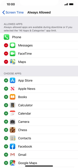 Press the add icon next to the required app to add it to the list of allowed apps during Downtime. Press the add icon next to the required app to add it to the list of allowed apps during Downtime.