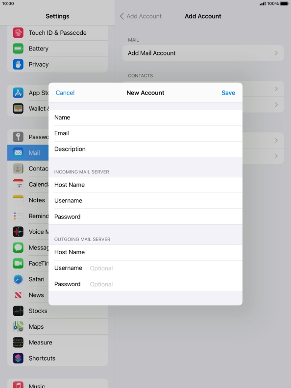 Press Username and key in the username for your email account. Please note that if you're using Vodafone's outgoing server, leave the username field empty.